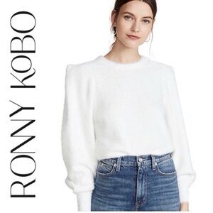 Ronny Kobo Carina Puff Sleeve Sweater M/L White Fuzzy Cozy Soft Crewneck